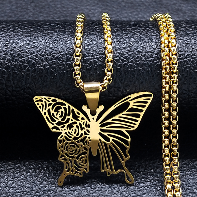Bar Cart Gold - Kalung Liontin Bunga Mawar Kupu-kupu Estetika